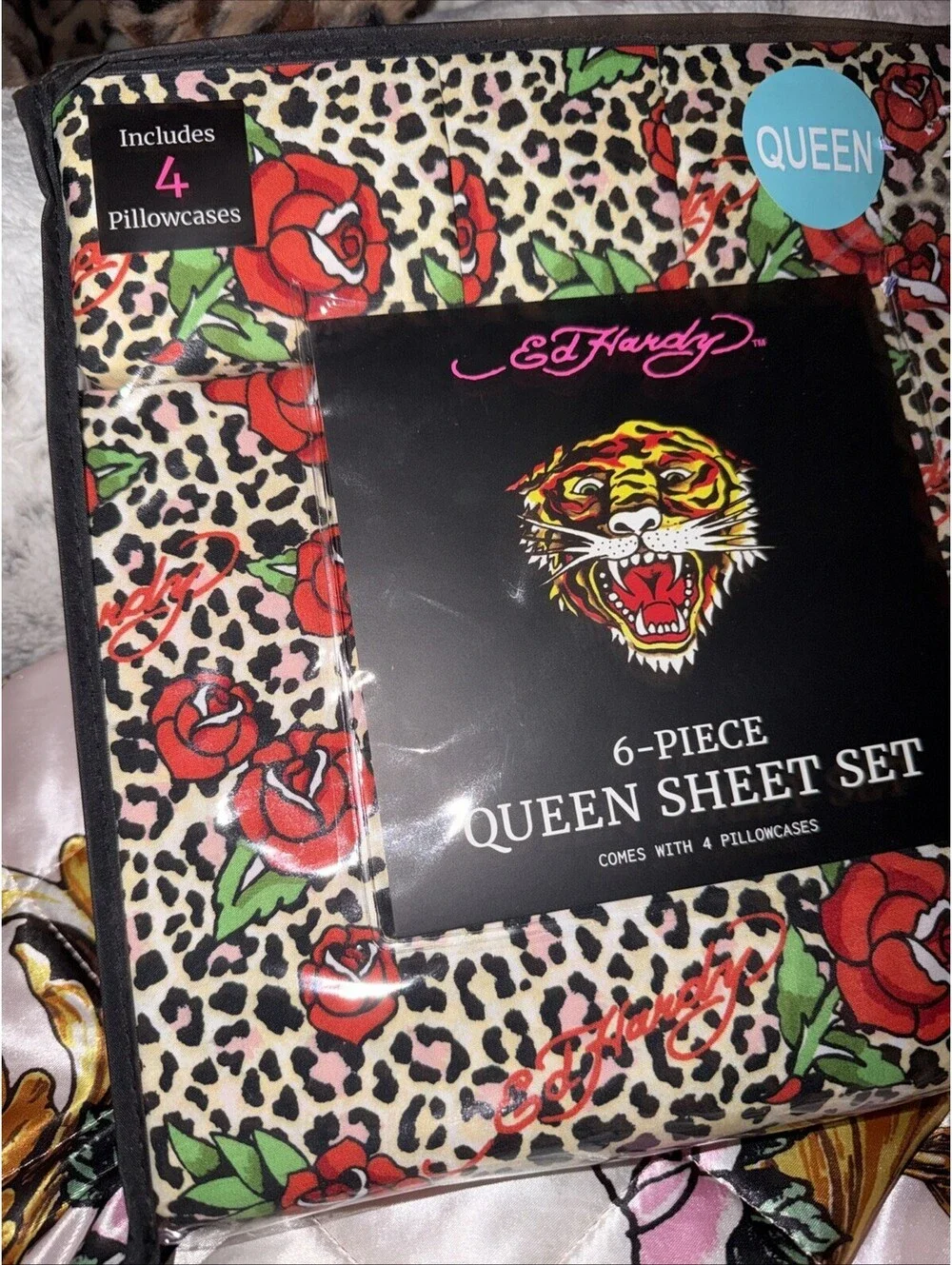 ED HARDY Queen Sheet Set 6pc New Flowers Roses Leopard Cheetah Tattoo Grunge Y2K